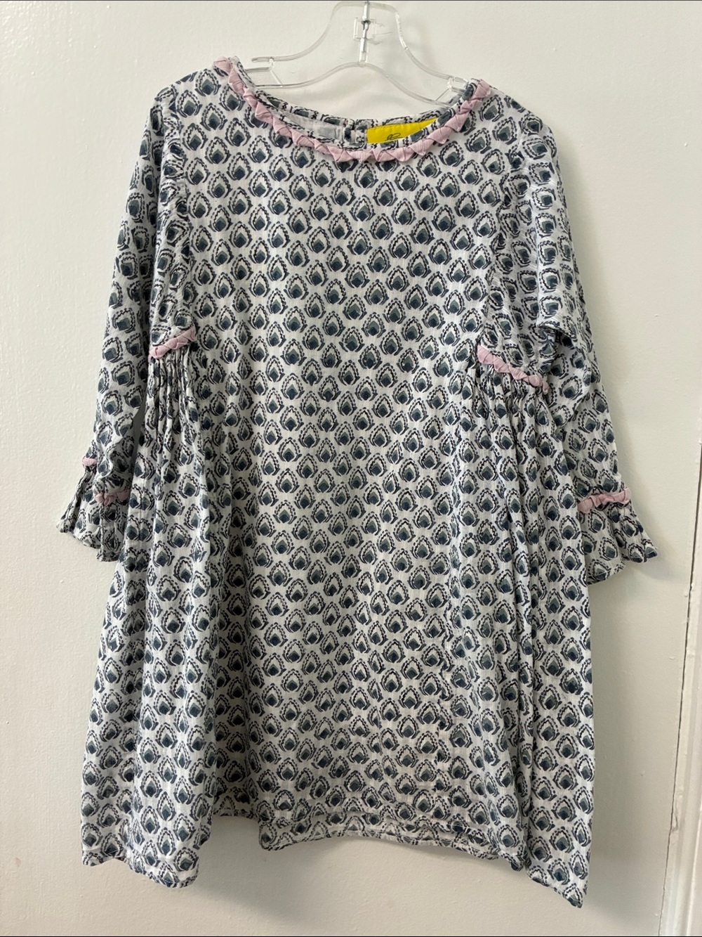 Roller rabbit Girls Blue and grey Patterned Dress with Pink Trim